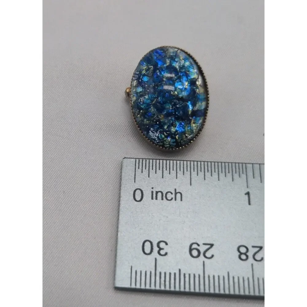 Blue Gold Foil Art Glass Cabochon Brooch Oval Faux Fire Opal Statement Pin Vtg